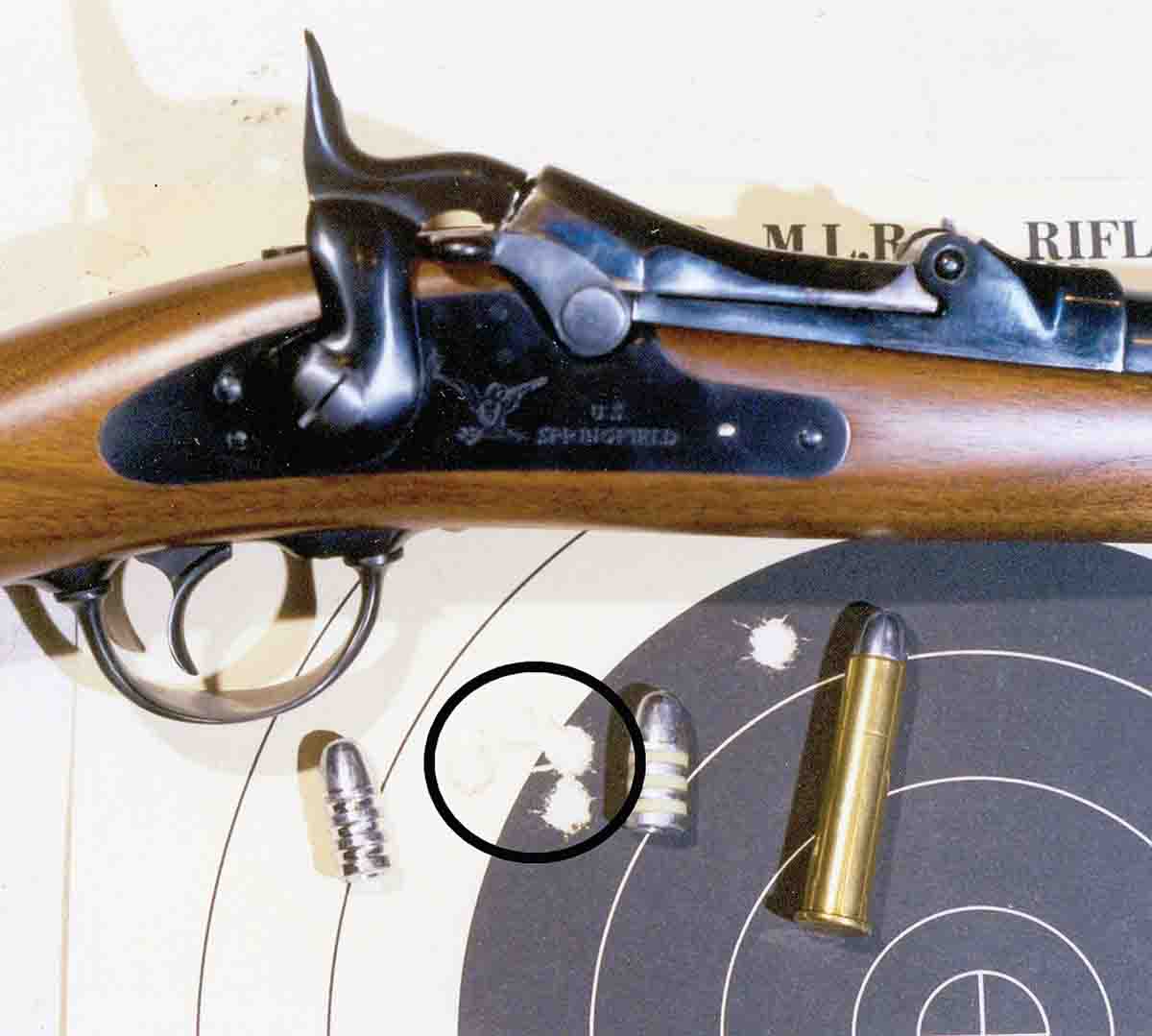 Five-shot group of Model 1886 carbine loads fired in 1873 Pedersoli carbine at 100 yards.